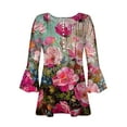 thumbnail image 4 of Women's Dressy Tops Vintage 3/4 Flare Sleeve Pleated Flowy Shirts Flouncy Blouse to Hide the Belly Summer Clothes Gradient Floral Print 1/4 Button up Blouse Henley Neck Tunic Multicolor T Shirts S, 4 of 5
