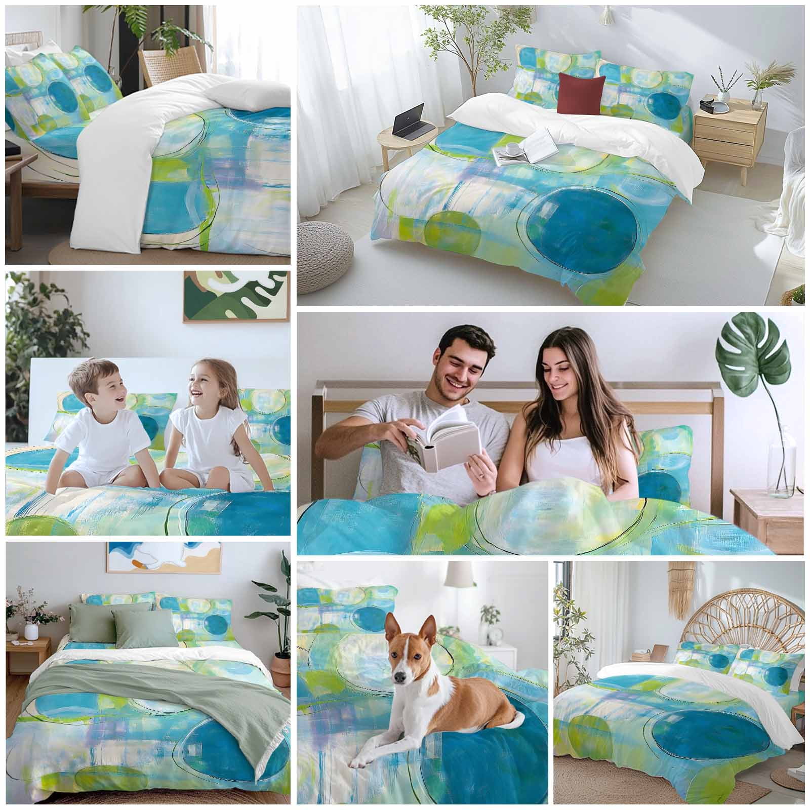 Queen 4 Piece Bedding Set Blue Gradient Color Block Soft Breathable Duvet Cover and Pillowcase, Watercolor Painting Graffiti Art Duvet Cover Set Bed Sheets for Bedroom Dormitory Guest Room