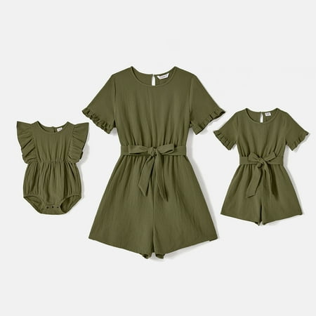 

PatPat Mommy and Me 100% Cotton Solid Short-sleeve Belted Rompers