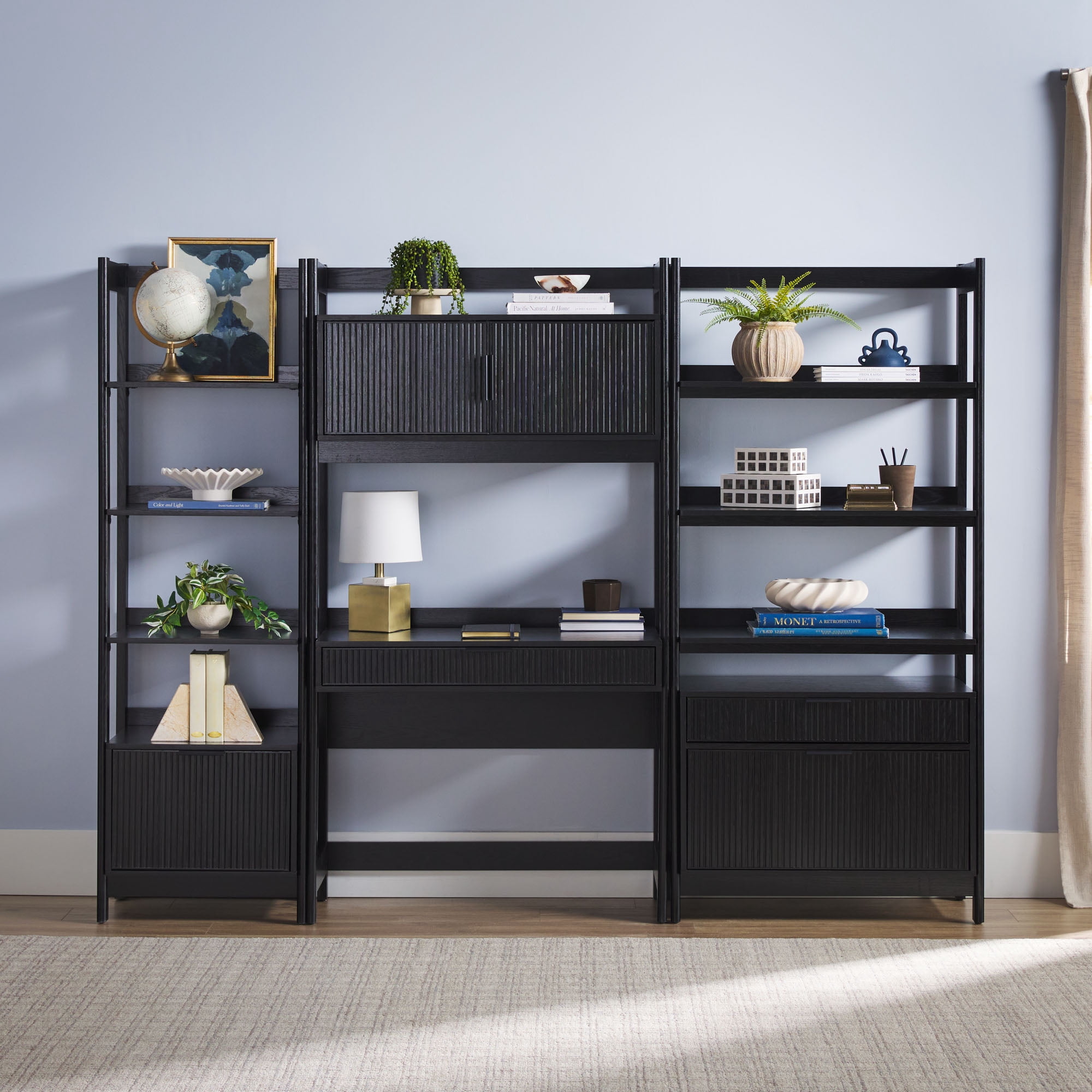 Holmes Hutch Desk with Narrow and Wide Bookcase - Black