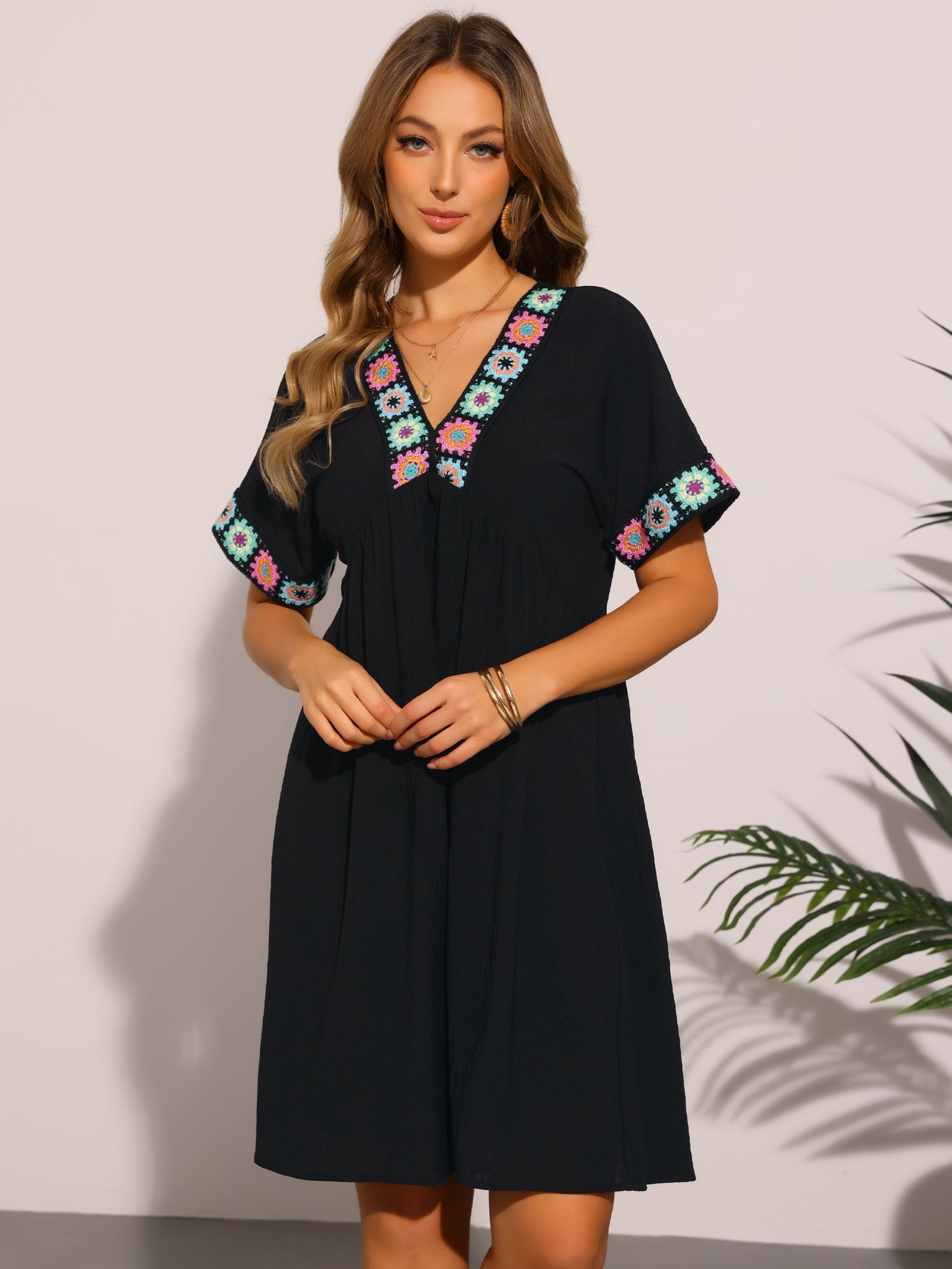 DARING DIVA Boho T-Shirt Casual V Neck Short Sleeve Shift Dress M Black