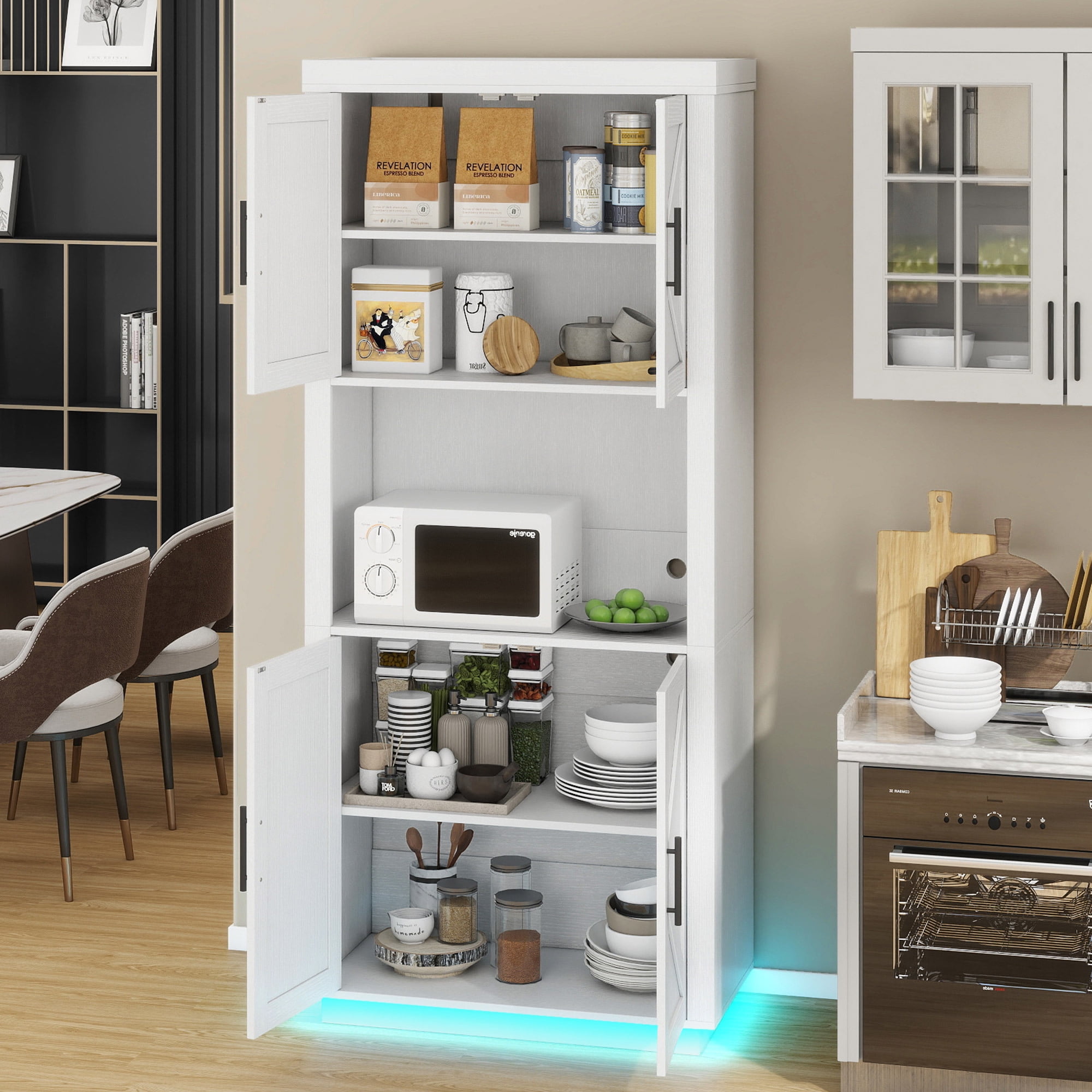 Uforic Kitchen Pantry Cabinet with Power Outlets & LED Lights, Farmhouse Storage Cabinet, White