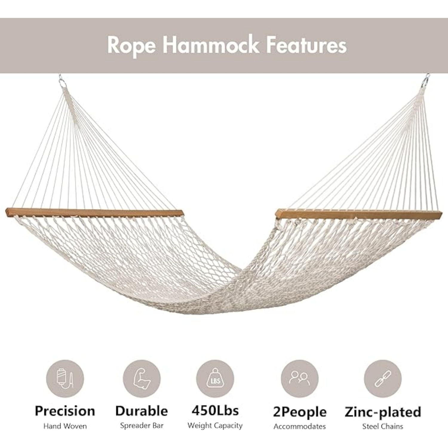 Rope Hammock Double Hammock with Hardwood Spreader Bar and Carrying Bag, 450 LBS Weight Capacity for Two Person, Natural