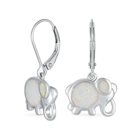 Bling Jewelry Womens Lucky Elephant Dangle Gemstone Earrings White Opal Silver October Birthstone
