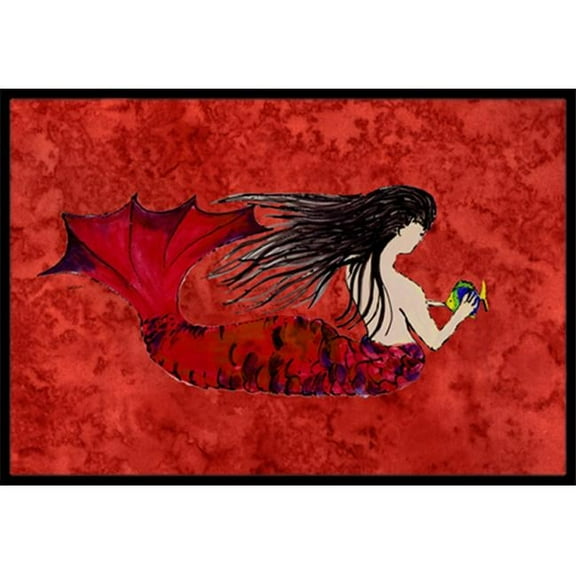 Black Haired Mermaid On Red Indoor & Outdoor Mat, 24 x 36 in.