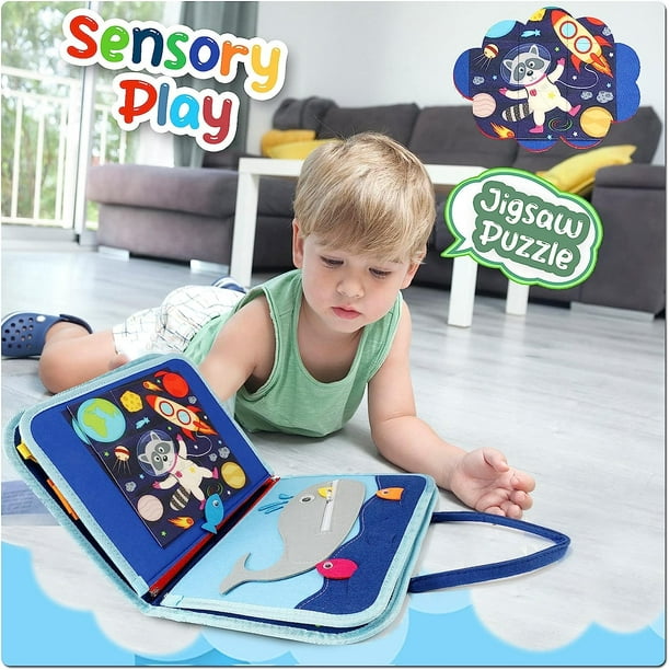Toddler Busy Board for 1 Year Old, Montessori Toy Busy Book for Toddlers  1-3 with Fishing Game Motor Skills, Educational Learning Toy Car Airplane