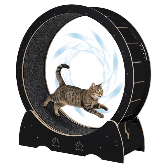 Low Noise Wooden Cat Exercise Wheel, Indoor Cat Running Treadmill with Removable Carpeted Catwalk, Natural Wood Finish