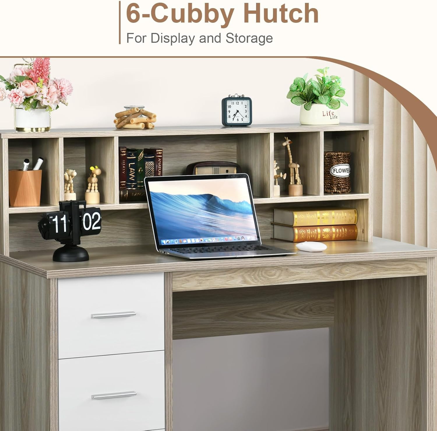 DreamCurship 47 in White Computer Desk, Home Office Desk with Hutch Shelf, Wood Study Writhing Desk with 3 Drawers for Home Office, Oak White