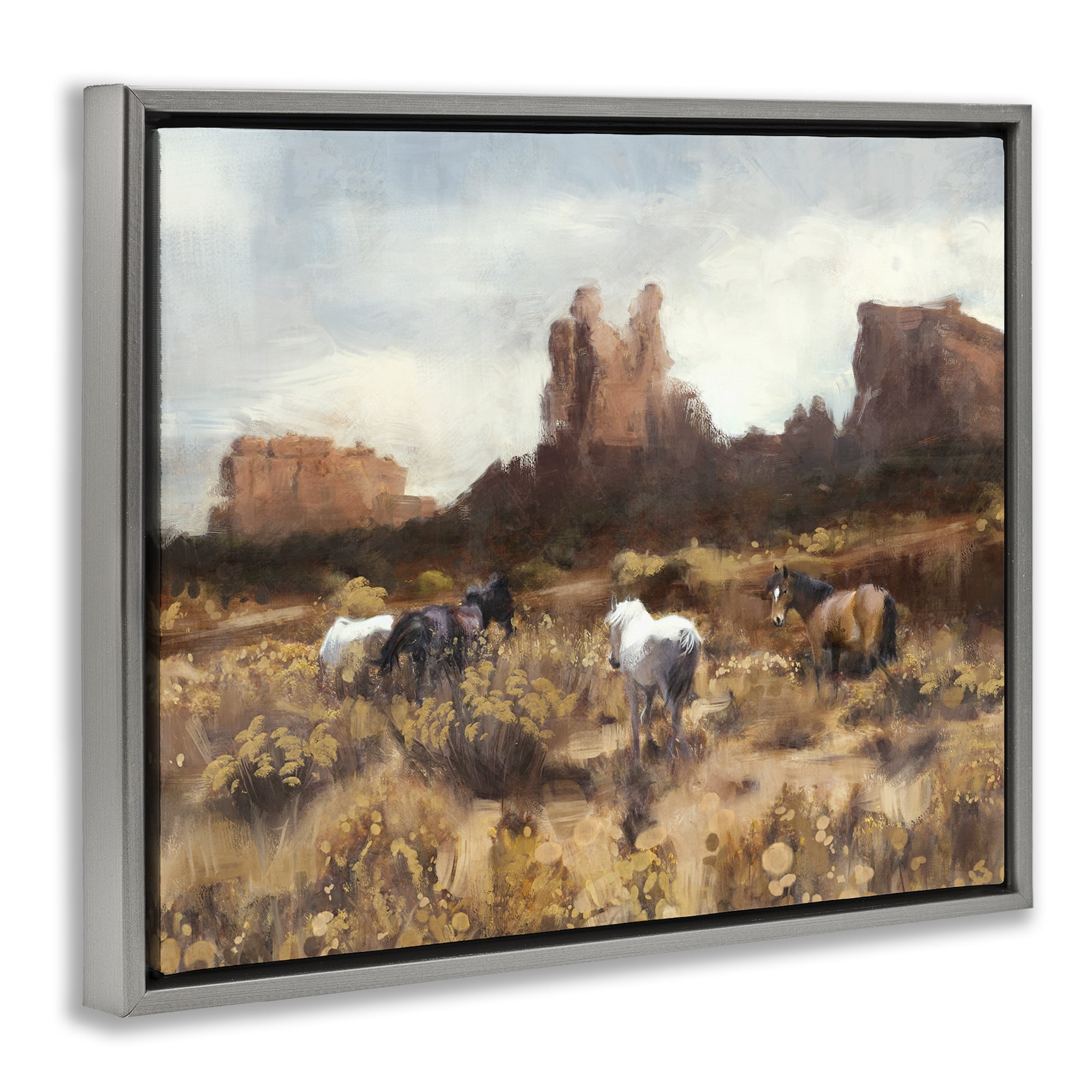 Stupell Industries Desert Horses Landscape Landscape Painting Gray Floater Framed Canvas Art Print Wall Art, 31 x 25