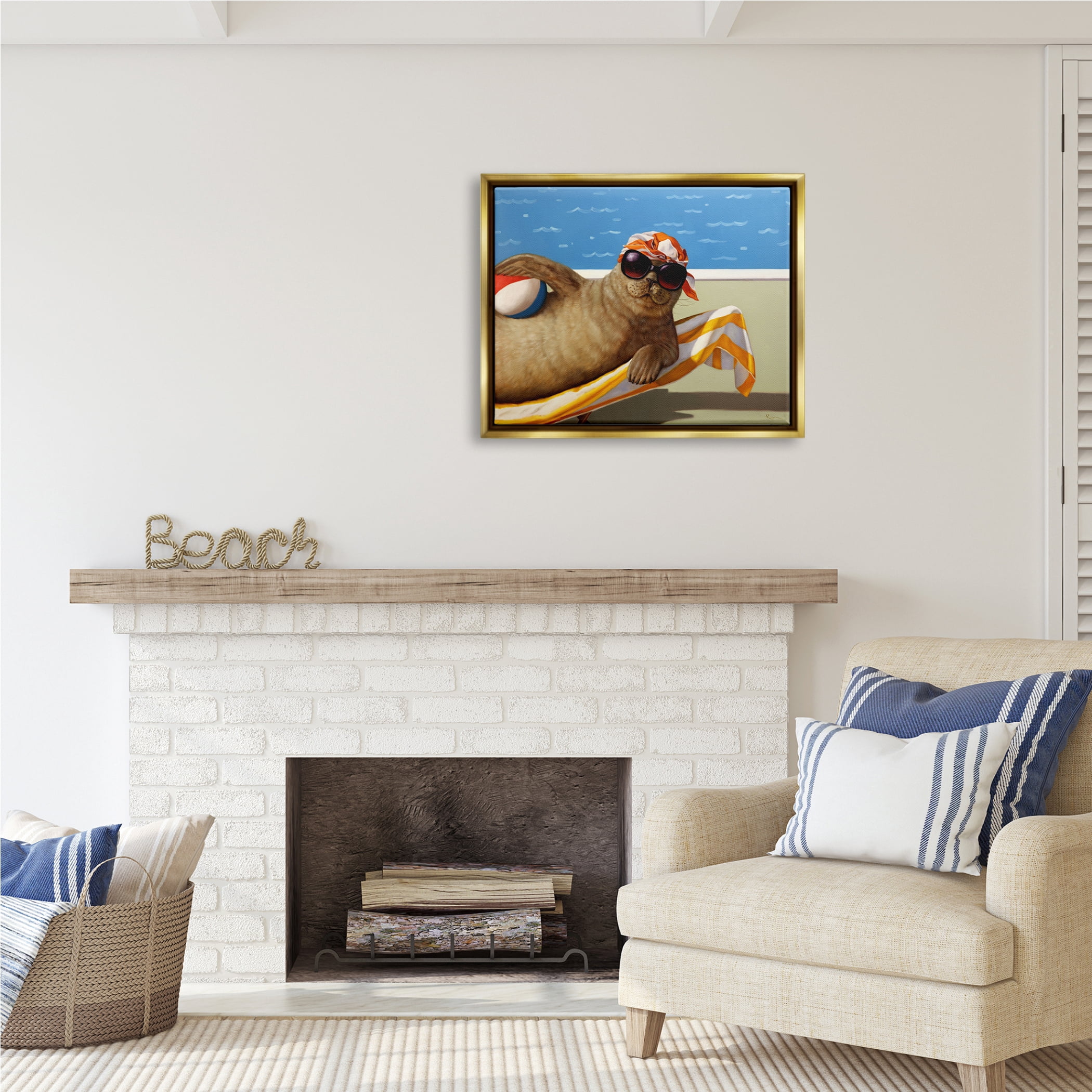Stupell Industries Seal with Beachball Animals & Insects Painting Gold Floater Framed Art Print Wall Art, 31 x 25