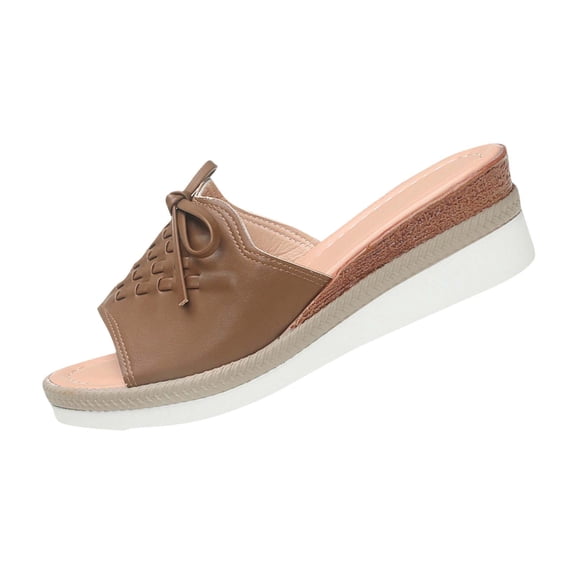 HomeDM Womens Wedge Sandals Platform Espadrilles Open Toe Slip On High Heels Slides Summer Beach Slippers, Khaki Size 7.5
