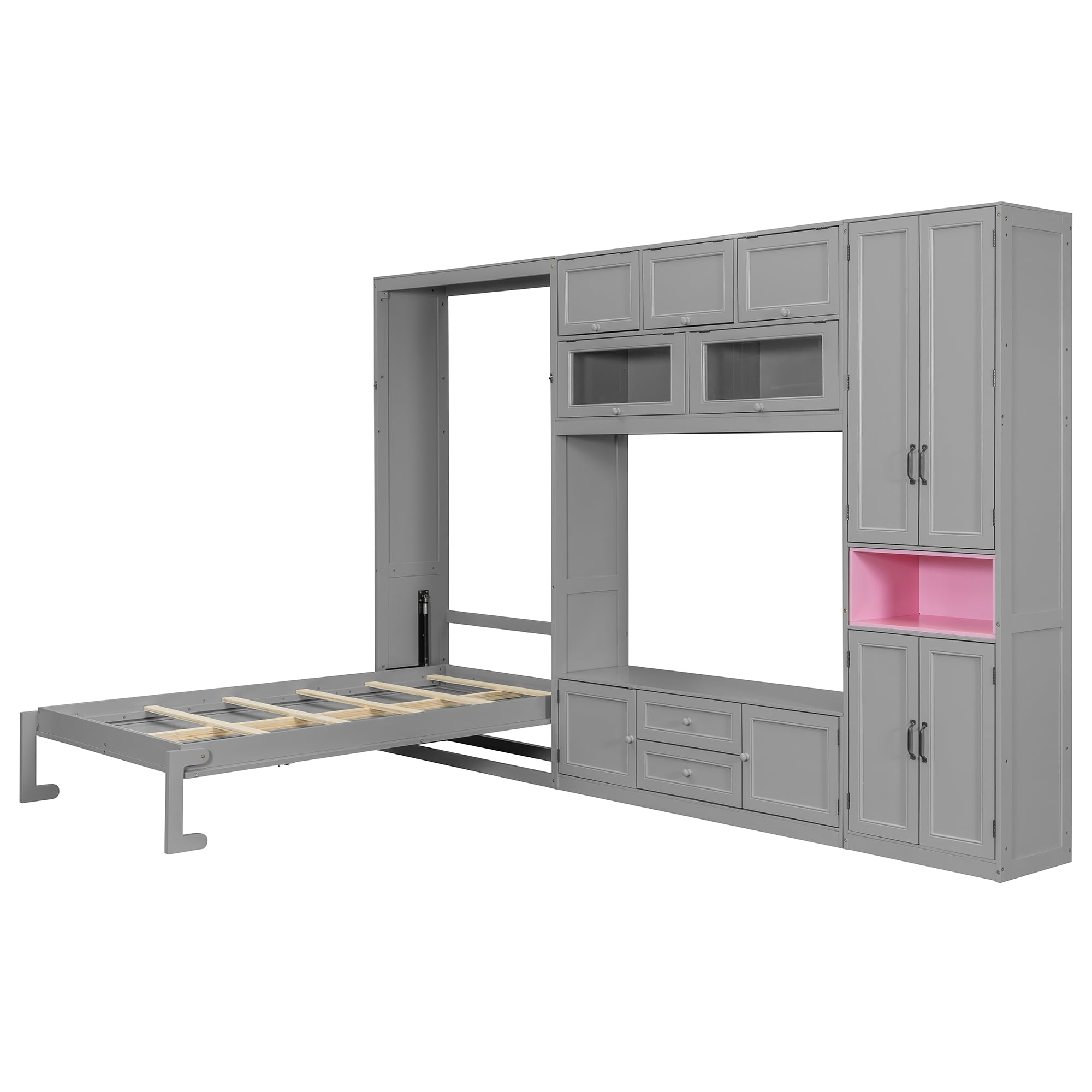 Mintazer Twin Foldable Murphy Bed with 82.3"H Wall Storage Cabinet, Shelves, TV Stand and 2 Drawers & 9 Cabinets for&nbsp;Bedroom Living Room, Gray