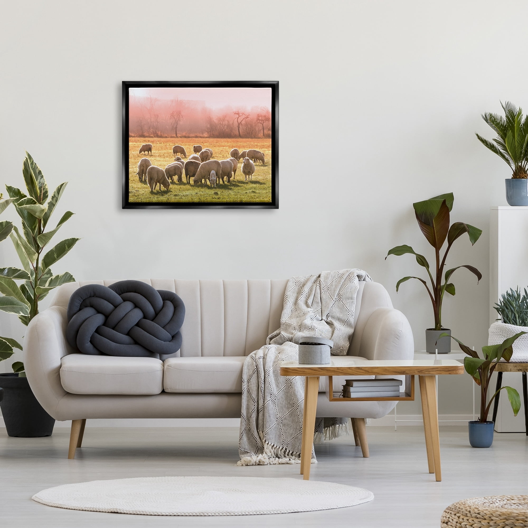 Stupell Industries Sheep Herd Grazing Warm Pink Sunset Rural Grassland Photograph Jet Black Floating Framed Canvas Print Wall Art, Design by Daphne Polselli
