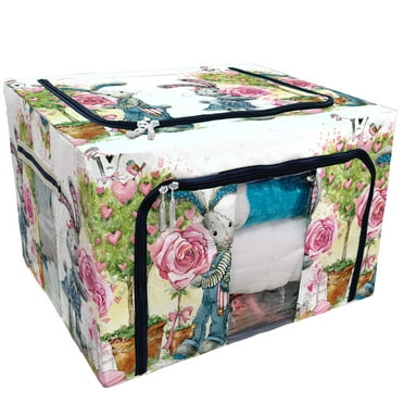 PKQWTM Cute Bunny Love Card Valentine Day Rabbit Storage Bag Clear Window Storage Bins Boxes Large Capacity Foldable Stackable Organizer With Steel Metal Frame For Bedding,Clothes,Closets, Bedrooms