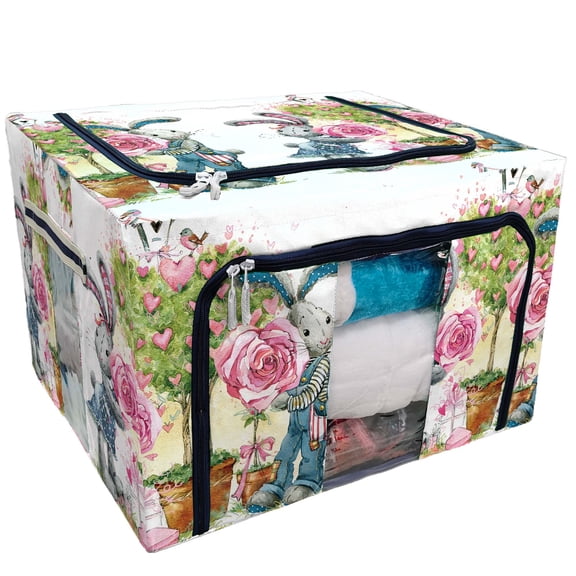 PKQWTM Cute Bunny Love Card Valentine Day Rabbit Storage Bag Clear Window Storage Bins Boxes Large Capacity Foldable Stackable Organizer With Steel Metal Frame For Bedding,Clothes,Closets, Bedrooms