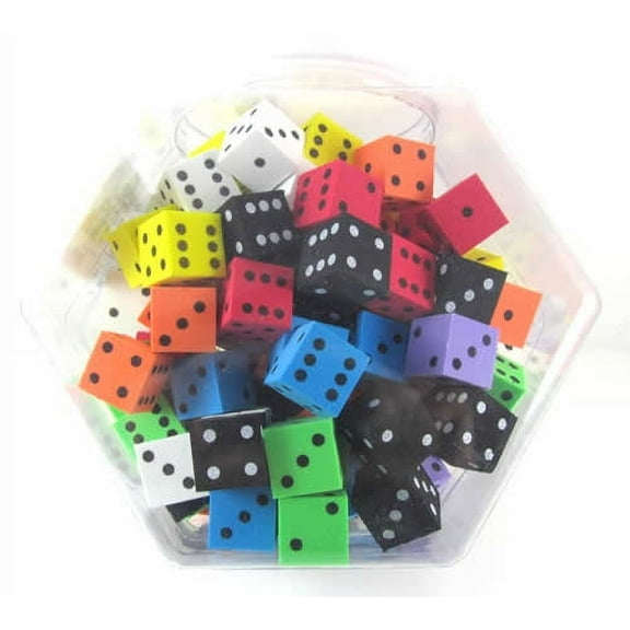 Assorted Opaque Foam Dice with Dots D6 25mm (1in) Bulk Pack of 100 Koplow Games