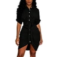 thumbnail image 2 of Dolkfu Collared Dresses for Women Dressy Casual Mini Black Irregular High Low Hem Short Sleeve Shirt Dress Modern Refined Slim Solid Dresses Black,L, 2 of 6