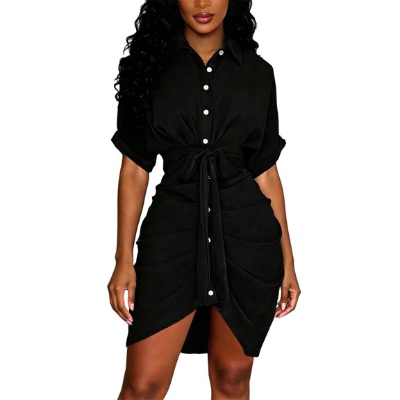 Ruimatai Women's Collared Button Down Short Sleeve Tie Waist Ruched Bodycon Shirt Mini Dresses for Women Cocktail & Party Wear
