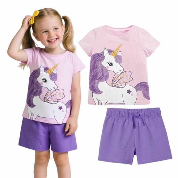 HILEELANG Toddler Girl Clothes - Cute Unicorn Print Cotton Pullover and Shorts Set