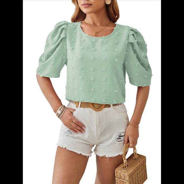 Blusa de Mujer con Cuello Redondo, Mangas Abullonadas y Tejido Jacquard de Bola de Pelo, de Verano y Otoño 2025 Judías M