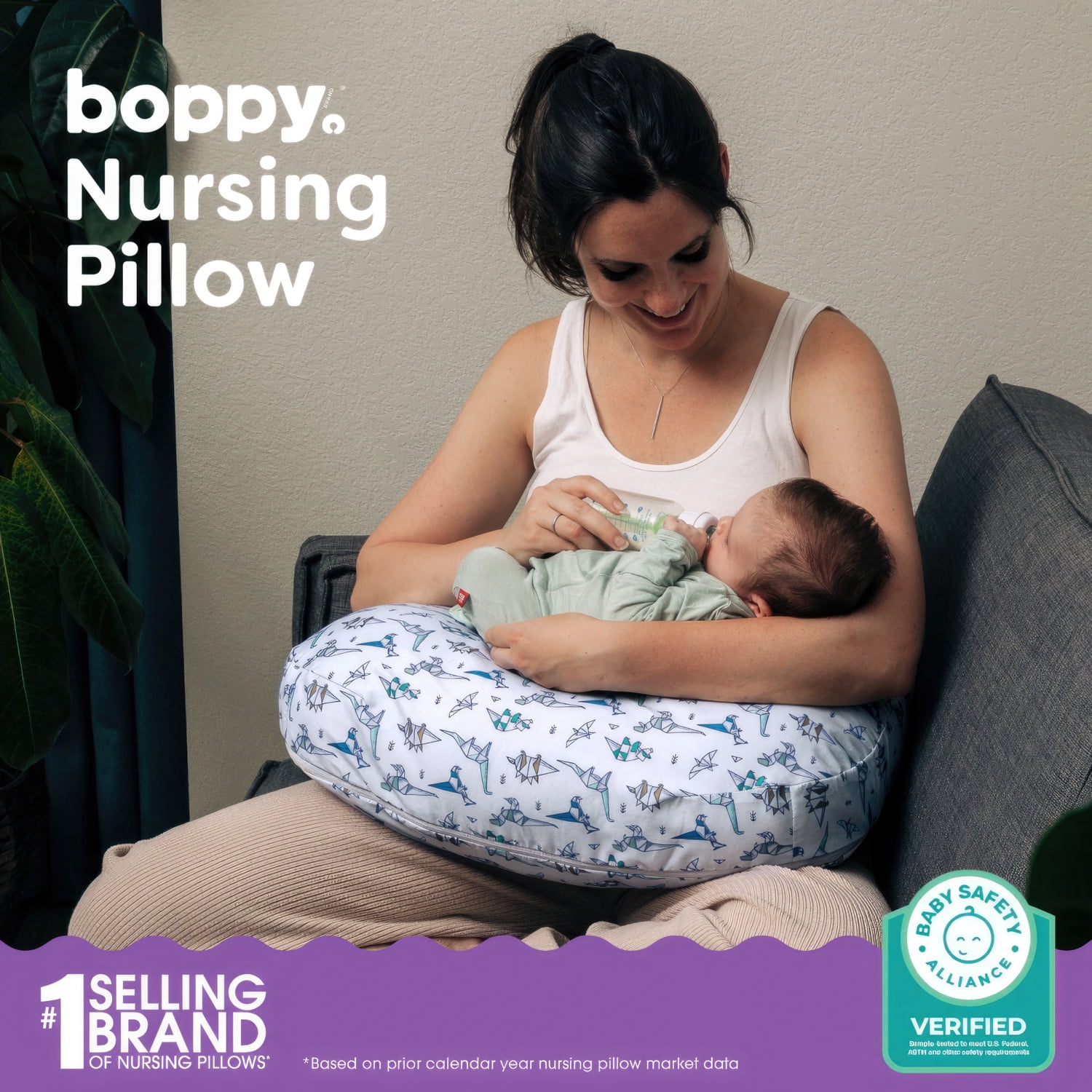 Boppy Nursing Pillow - Ergonomic Bottle & Breastfeeding Pillow with High, Firm, Large Area, Water-Repellant with Washable Cover;  Baby Safety Alliance Verified - Gray Geo Dinos