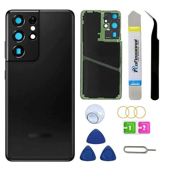 Rear Back Glass Replacement for Samsung Galaxy S21 Ultra 5G with Pre-Installed Adhesive and Repair Tool Kits (Phantom Black)