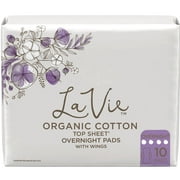 La Vie Organic Cotton Top Sheet Feminine Pads with Wings, Postpartum, Overnight, Long, 10 Count