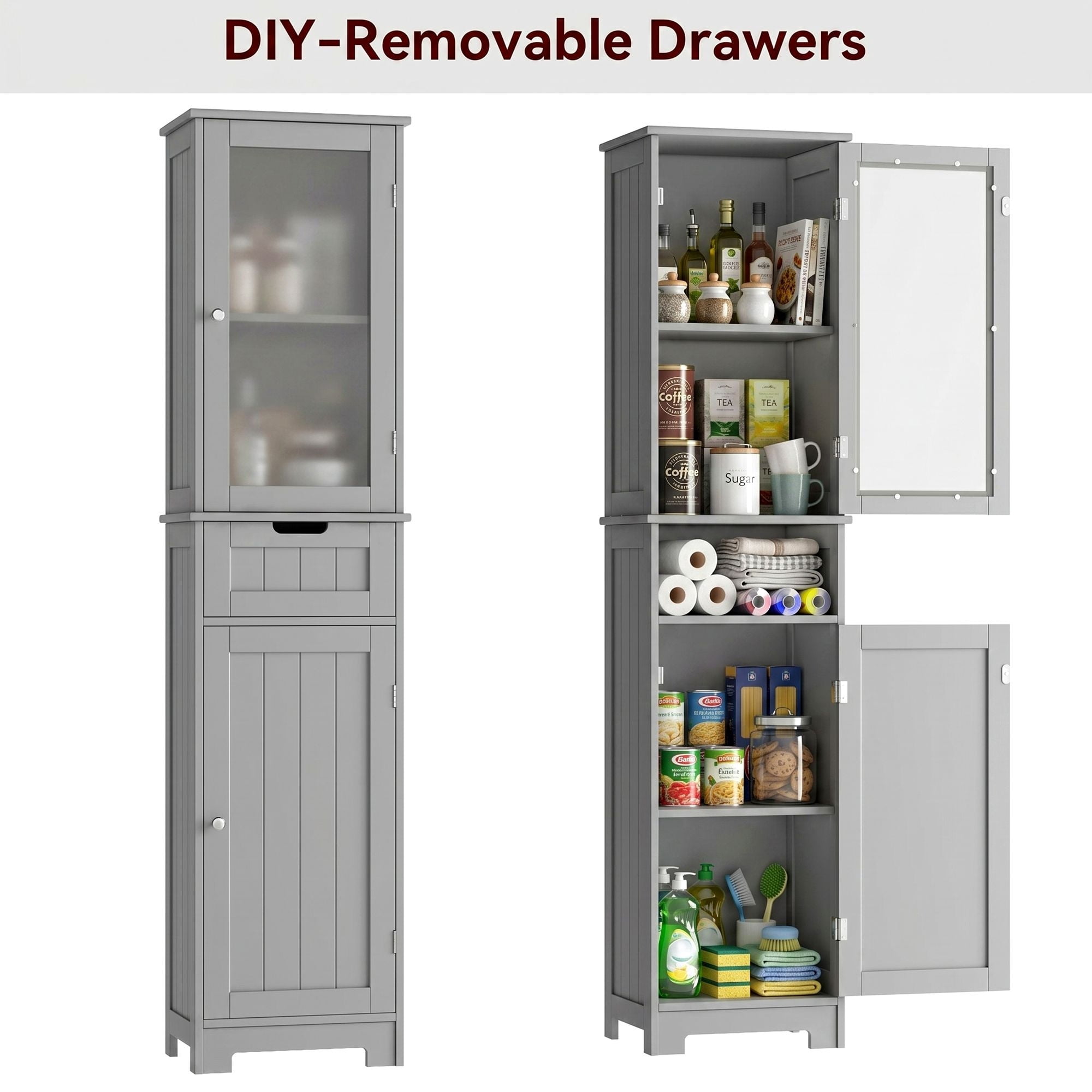 Homfa Narrow Kitchen Pantry Storage Cabinet, 67" Slim Pantry Cabinet with Drawer and Door, Space-Saving Freestanding Storage Cabinet for Small Place, Gray