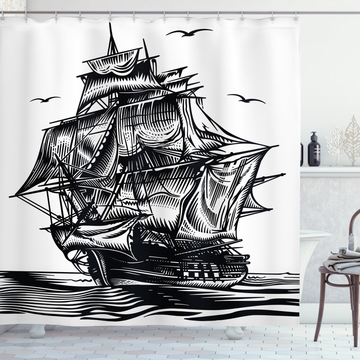 Pirate Ocean Adventure Bathroom Waterproof Fabric Shower Curtain Hooks Set 72" 