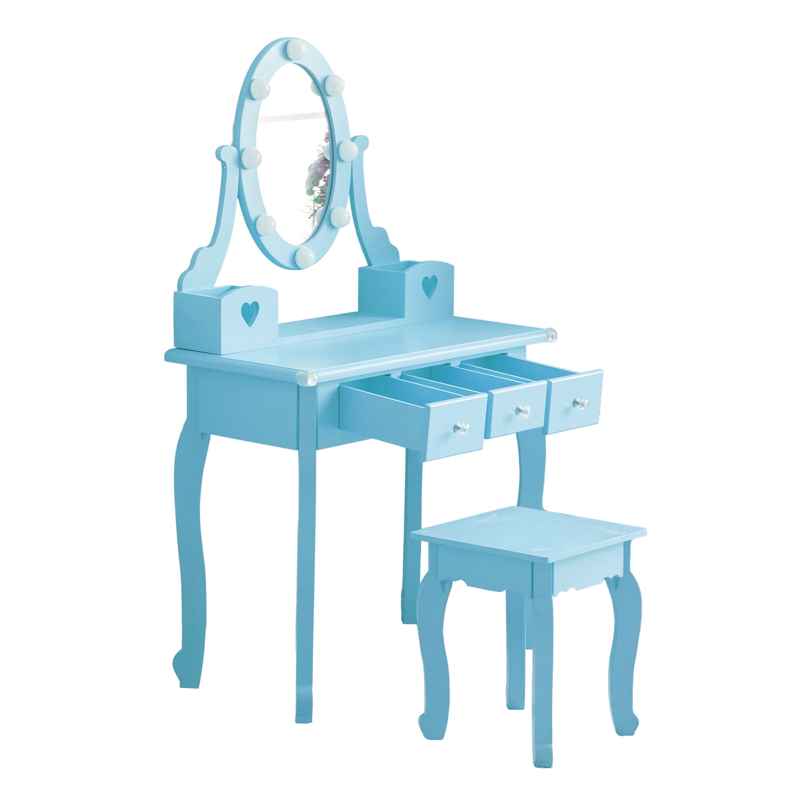 Kids Vanity Set with Mirror & Lights & Stool, 5 Storage Drawers, Pretend Play Princess Makeup Desk Dressing Table and Stool Set for Little Girls Age 3+, Macaroon Blue