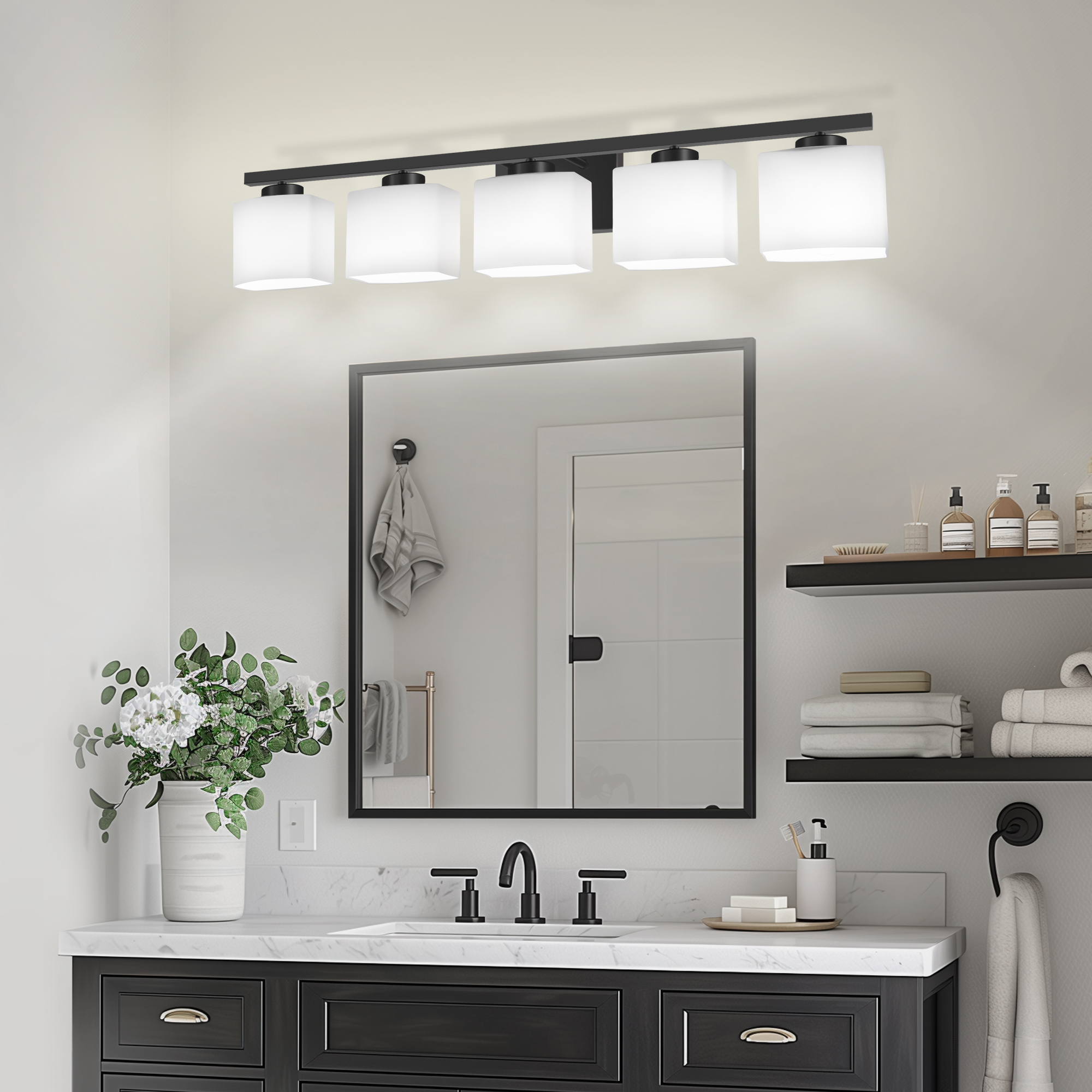 YANSUN 5-Light Bathroom Light Fixture with Milk Glass Shades , Modern Stylish Black Vanity Lighting Fixtures For Bathroom, E26 Bulb Base