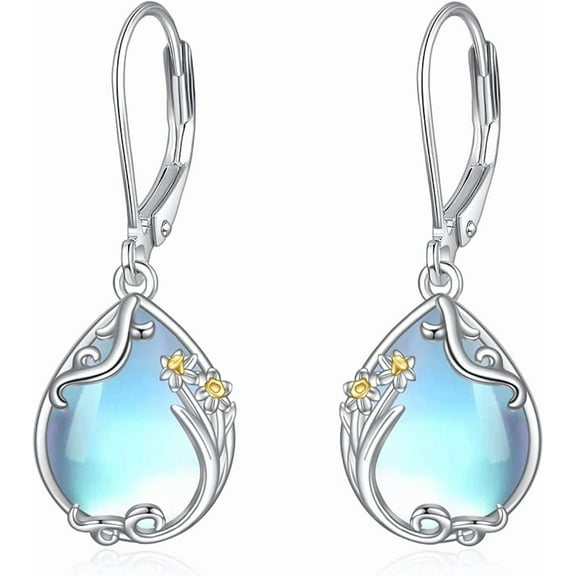 DOLIOX Moonstone Birth Flower Filigree Teardrop Drop Dangle Earrings Sterling Silver Birth Month Flower Leverback Earrings Jewelry