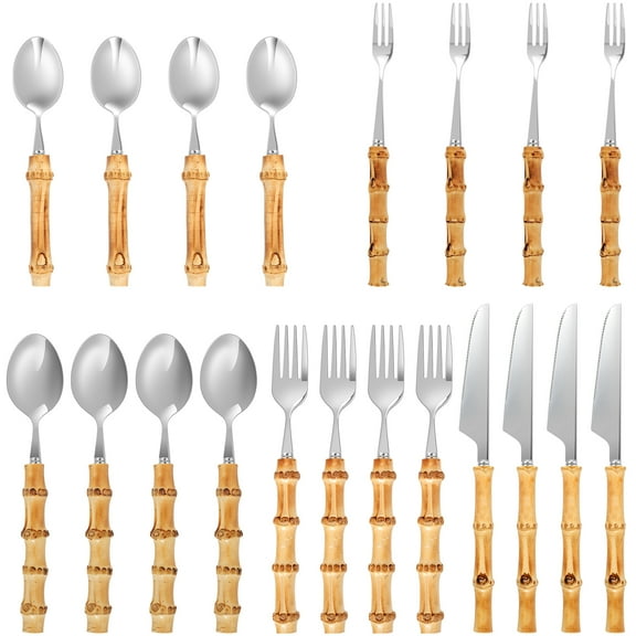 Protoiya Bamboo Flatware Set,20 Pieces Stainless Steel Silverware Set, Creative Dessert Forks and Spoons Set for Kitchen Wedding Home Party, Service for 4