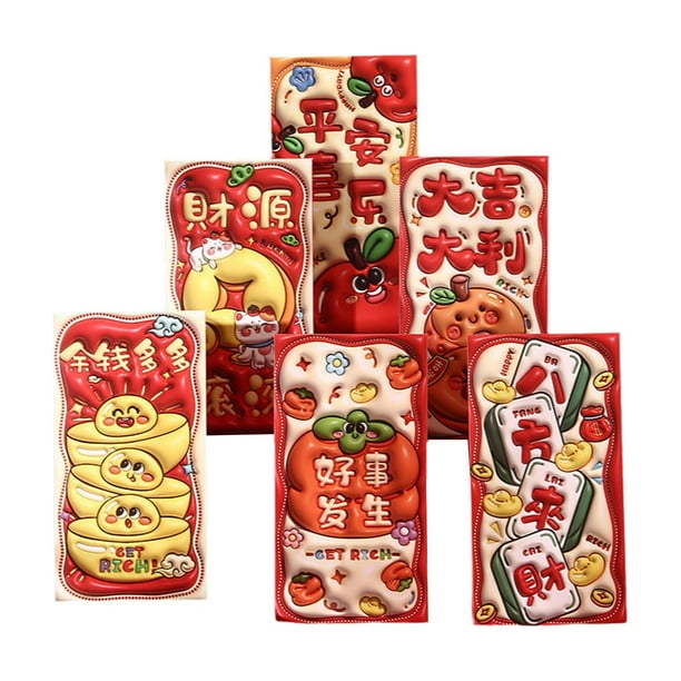 6 sobres rojos de Año Nuevo Chino 2025 con diseños únicos en relieve. Estilo D