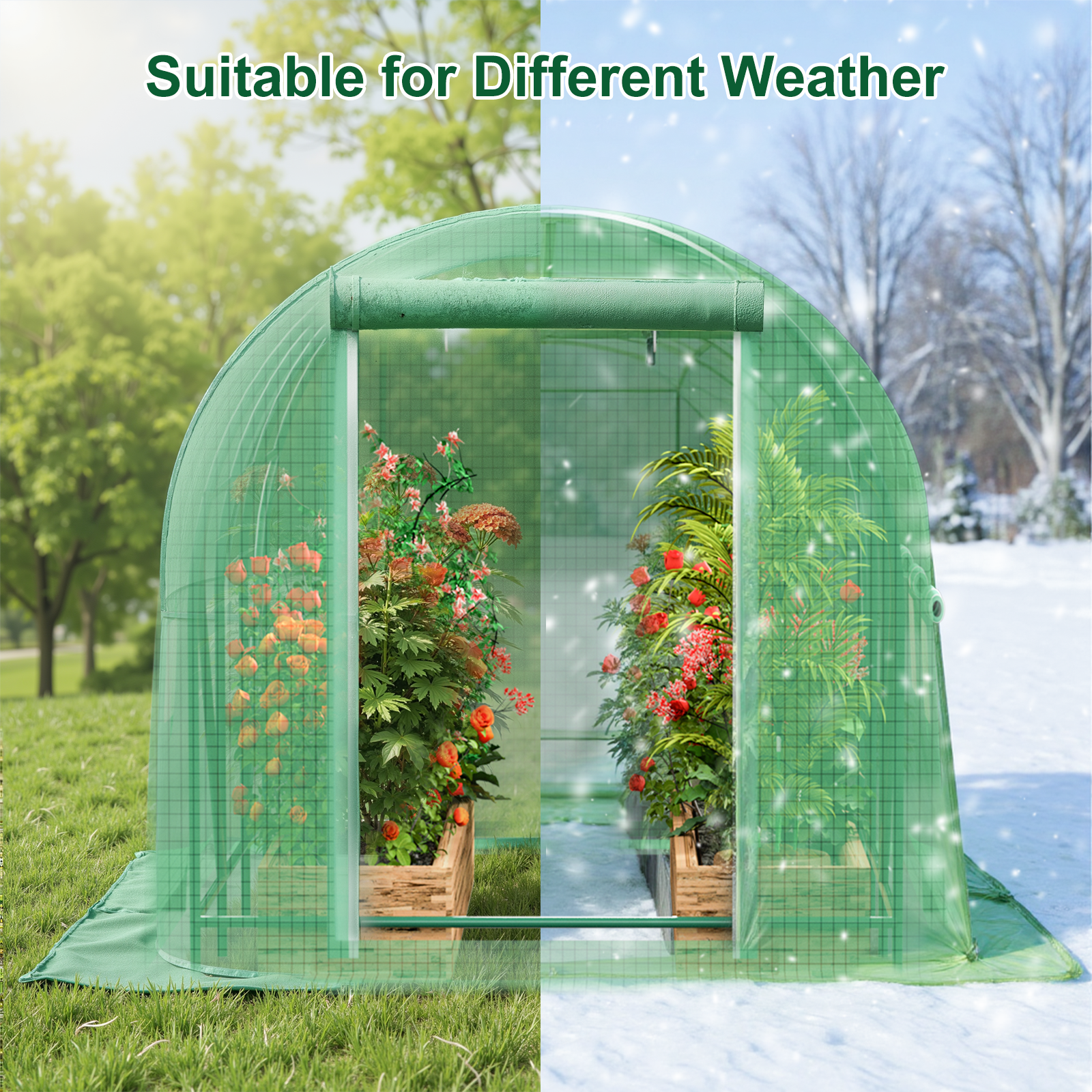Grezone Walk-in Tunnel Greenhouse 11.5x6.6x6.6 FT Upgraded Green House with Dual Zippered Screen Doors & 6 Screen Windows Heavy Duty Plastic Plant Warm House with Reinforced Frame
