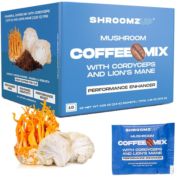 ShroomzUp Instant Mushroom Coffee 15 Pack - Cordyceps & Lion's Mane - Nootropic Mushroom Coffee for Energy