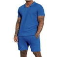thumbnail image 3 of Jinhomg Mens Casual Summer Sets 2 Piece Comfy Waffle Loungewear Big and Tall Short Sleeve Lapel Collar Shirts and Elastic Waist Shorts with Pockets Blue XXXL, 3 of 9