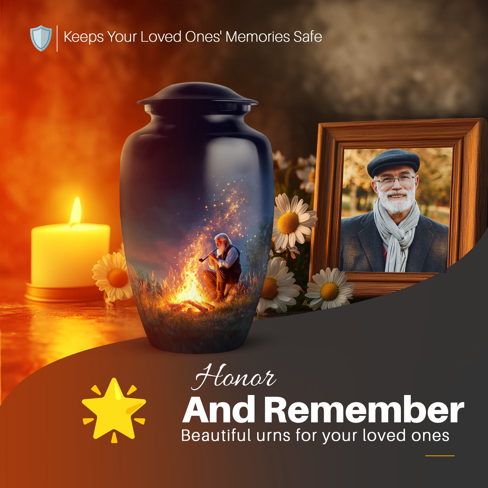 Yatskia Night Campfire Decorative Large Funeral Urns for Human Ashes Adult Mother and Father, Little Cremation Keepsake Urn for Ashes Adult Male, (Classic 10 Inch and 3 Inch)
