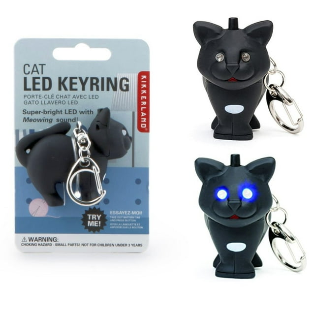 Kikkerland Black Cat LED Keyring Light Up Eyes Meowing Sound Key Chain