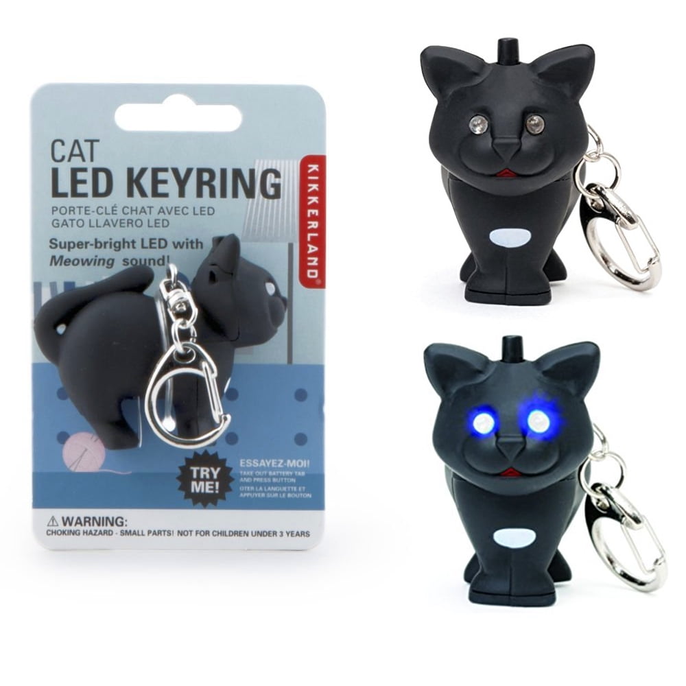 AllTopBargains Kikkerland Black Cat LED Keyring Light Up Eyes Meowing Sound Key Chain Fun Gift