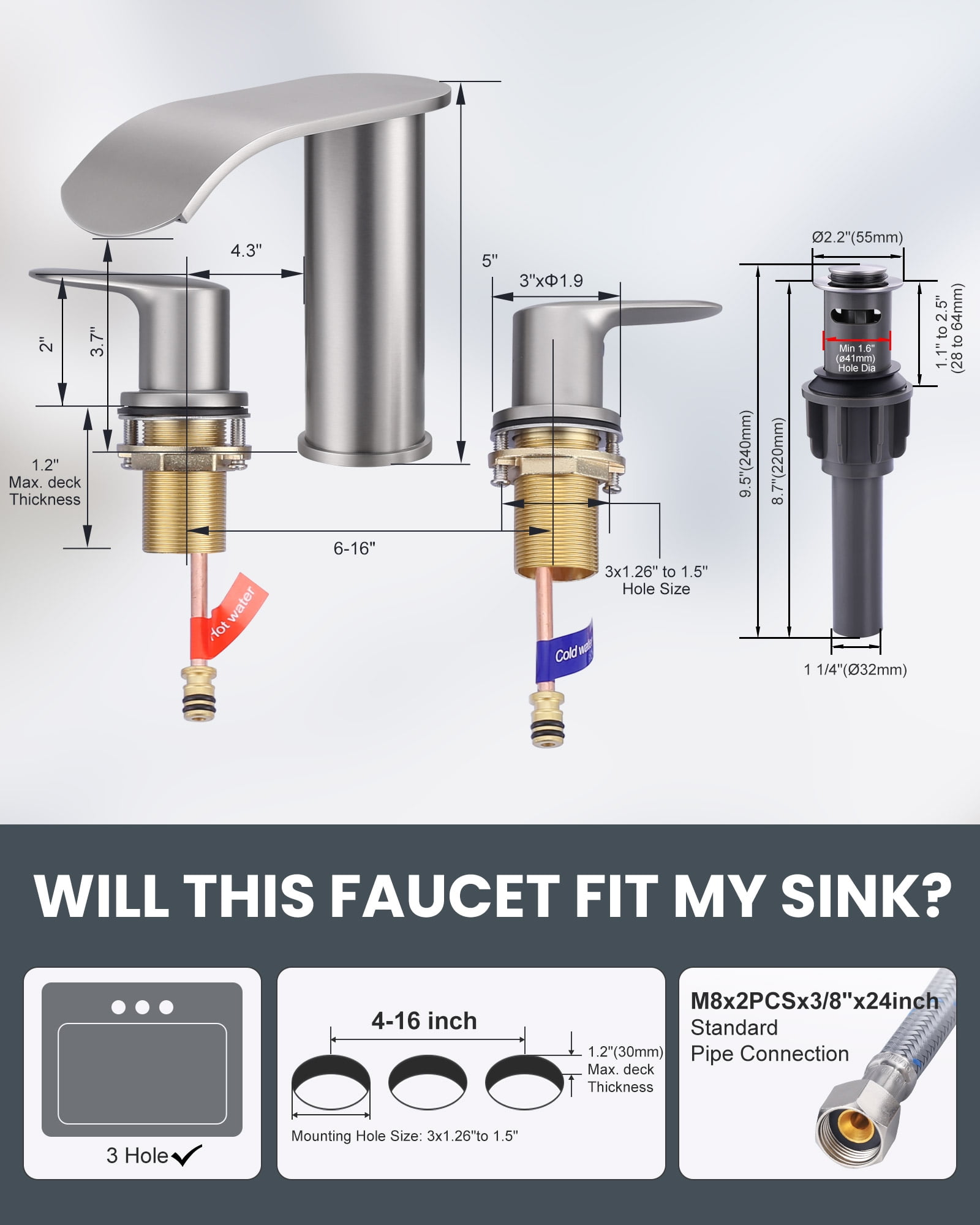 WOWOW Waterfall Bathroom Faucet 3 Holes 8Inch Widespread Bathroom Sink Faucet