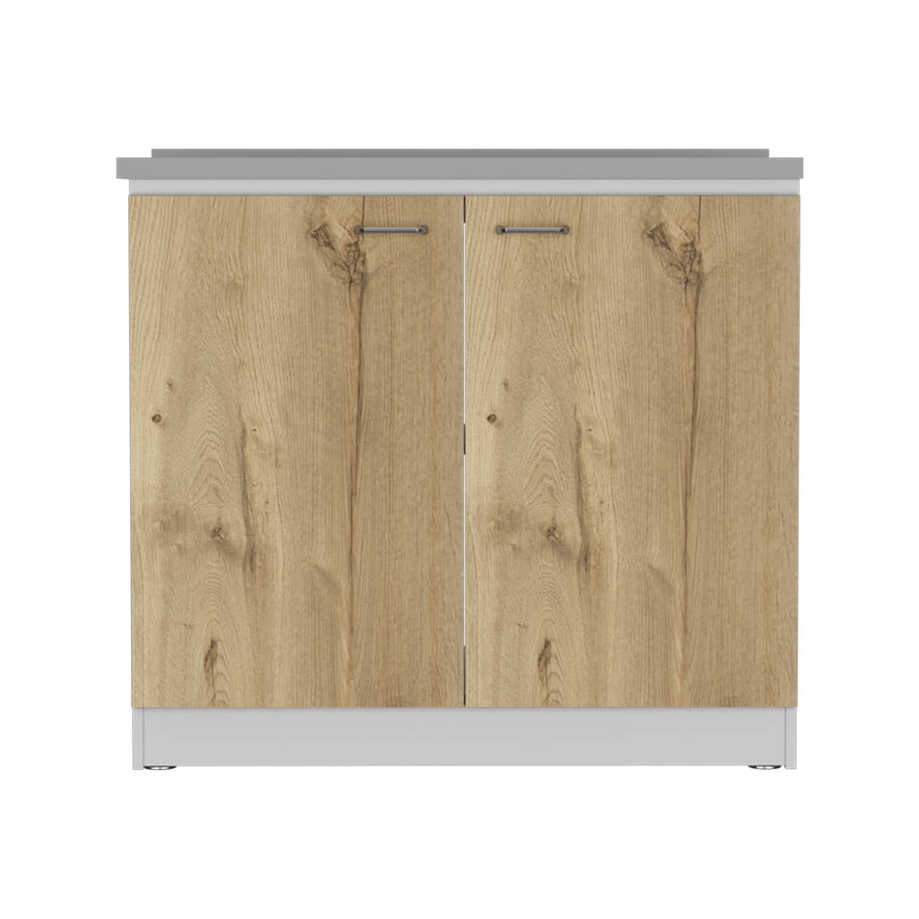 Rainlex Napoles 39" White & Light Oak Utility Sink Cabinet with Stainless Steel Basin, Double Doors & Shelf Storage