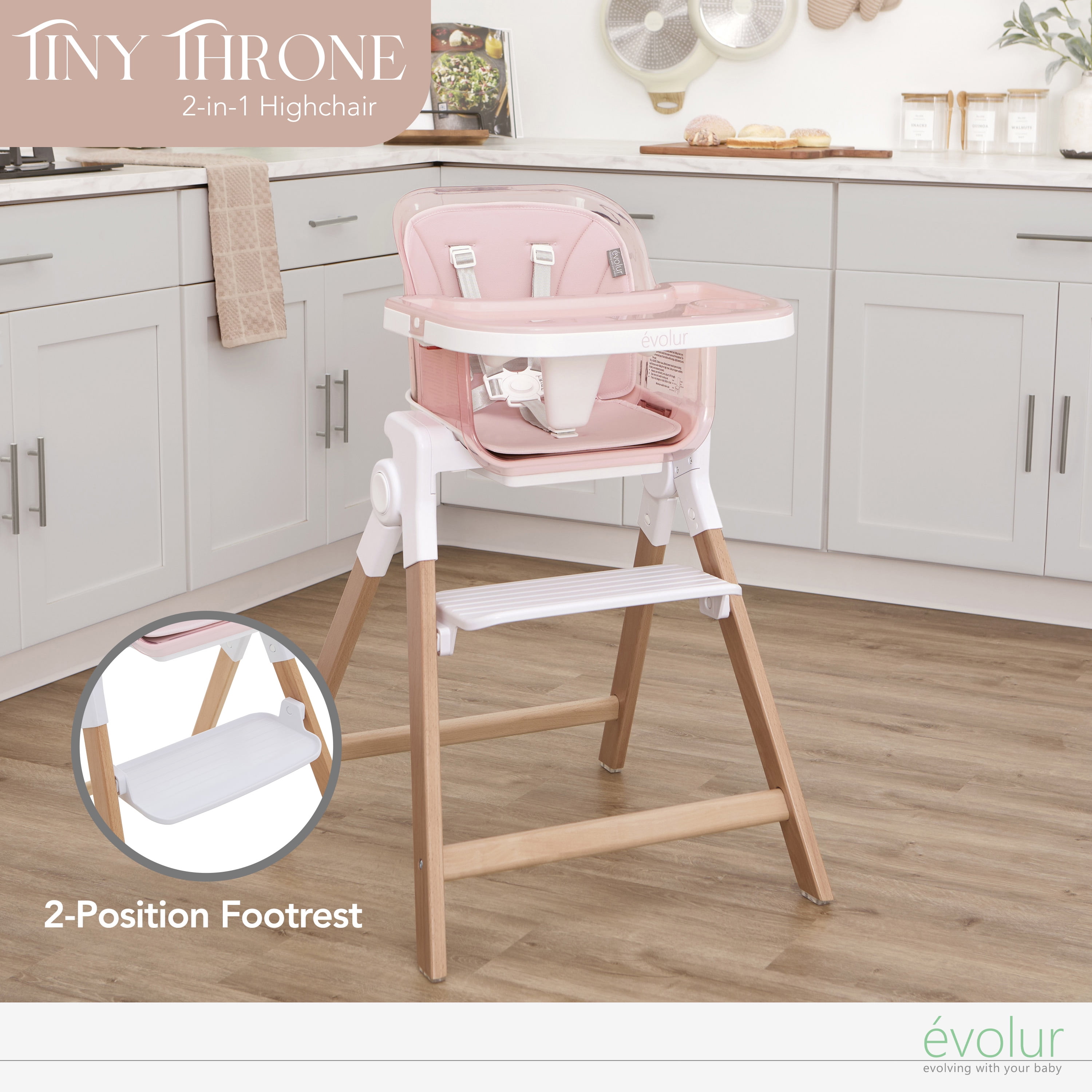 Evolur Tiny Throne 2-in-1 Portable High chair in Grapefruit Pink, Baby High Chair Converts into Booster Seat & Adult Stool, Removable Tray and Easy To Clean