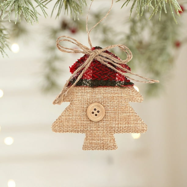 Adornos navideños de lino hechos a mano | Colgantes festivos con formas festivas | Decoración de tela a cuadros rojos con botones | Conjunto de diseños variados para decoración navideña