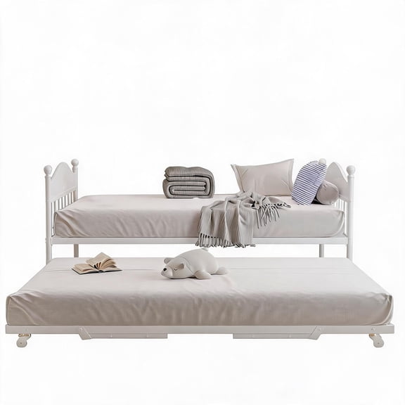 Twin Daybed with Trundle, White Twin Day Bed Frame with Foldable Trundles, Metal Sofa Bed with Stylish Headboard for Bedroom, Living Room, Guest Room
