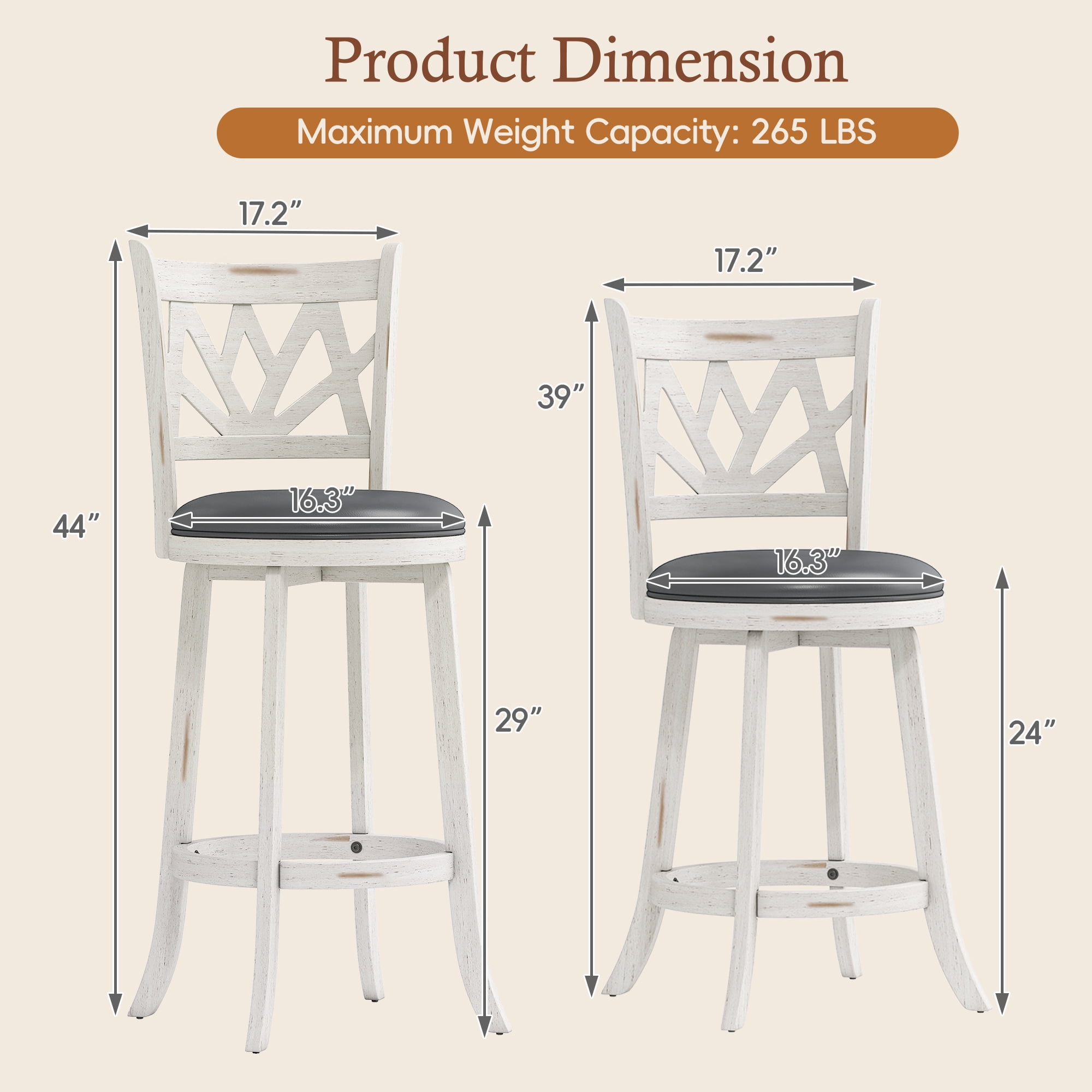 Joywind Farmhouse Swivel Bar Stools Set of 2, 30" Carved Lotus Barstools, Faux Leather Upholstered Bar Chairs with Solid Footrest & Wood Legs, Antique White