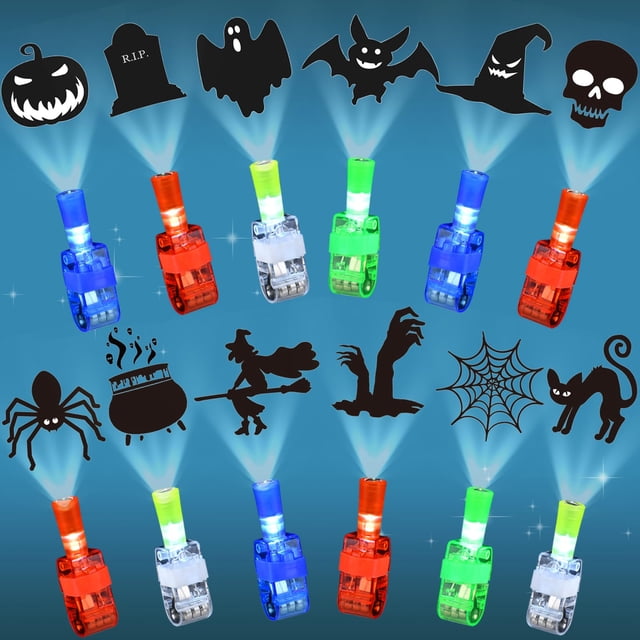 luces led lakulio de halloween para niños, 36 unidades Juego de 36 luces LED para dedos con carcasa plástica translúcida en rojo, azul, verde y blanco; cada unidad incluye correa de goma elástica y proyecta 12 patrones de Halloween (calabaza, fantasma, araña, calavera, murciélago, sombrero de bruja, telaraña) al presionar el interruptor, vista frontal sobre fondo azul festivo.