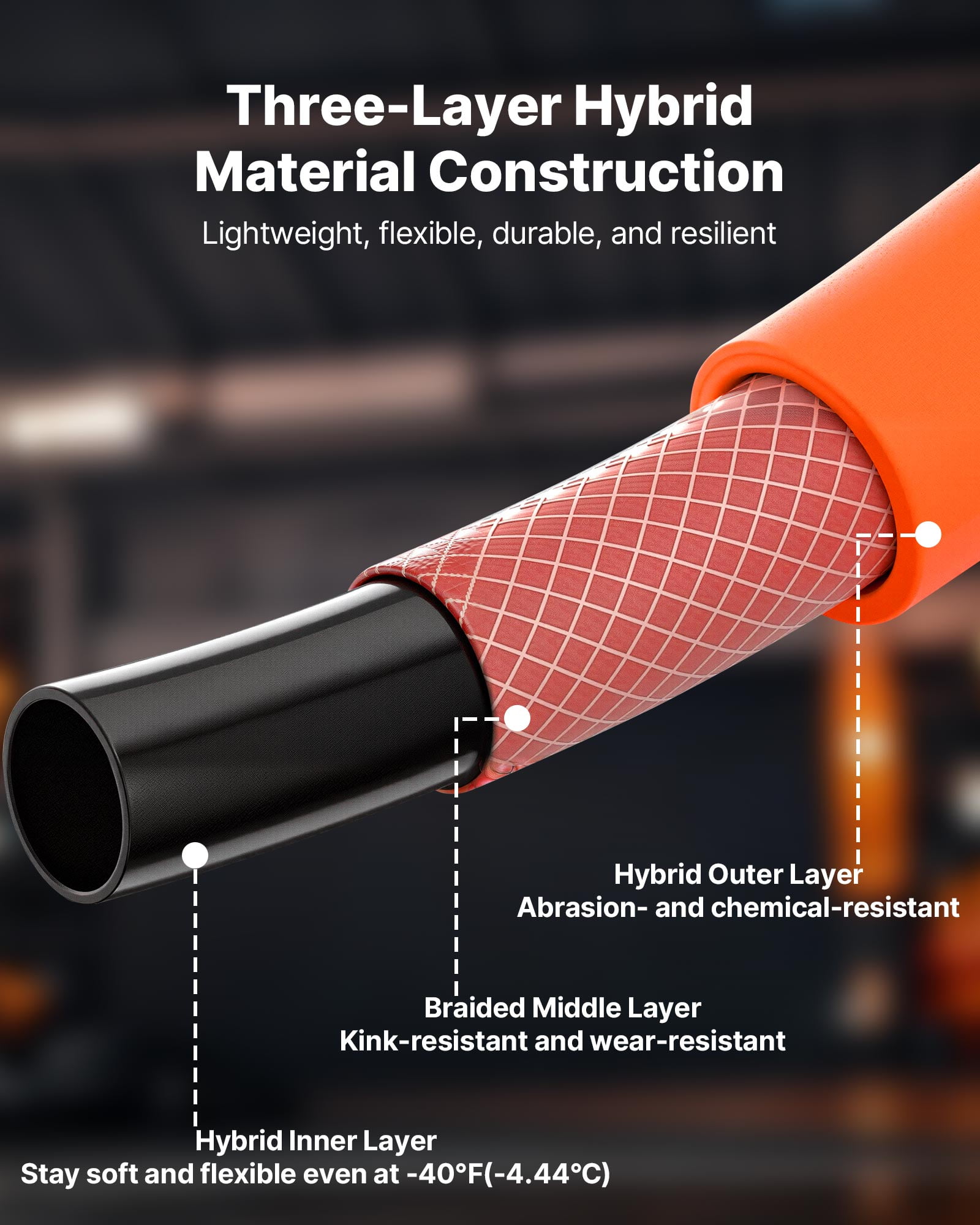 VEVOR Air Hose, 1/2" x 100ft Hybrid Air Hose, Lightweight, Kink Resistant, Pneumatic Hoses with 1/2 inch Solid Brass Male Fitting, Three-Layer Hybrid Material, 300 PSI, All-Weather Flexibility,Orange