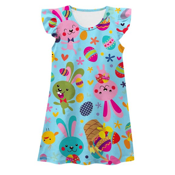 Gzbliryd Easter Summer Dresses Bunny Print One-Piece Dress Rabbit Skirt Easter Outfit Girl Clothes for Little Girl Summer Causal Tutu Skirts (Light Blue,6-7 Years)