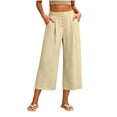 thumbnail image 2 of Bloomae Capris for Women Loose Fit Casual Button Elastic High Waist Baggy Pleated Comfy Cropped Trousers Trendy Wide Leg Capri Pants with Pockets, 2 of 8